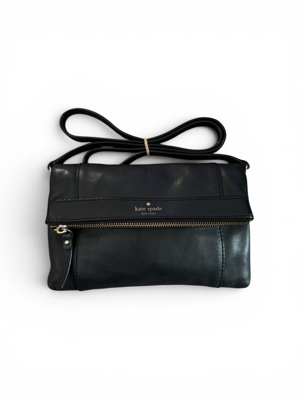 kate spade Black Leather Fold-Over Crossbody with Gold Hardware